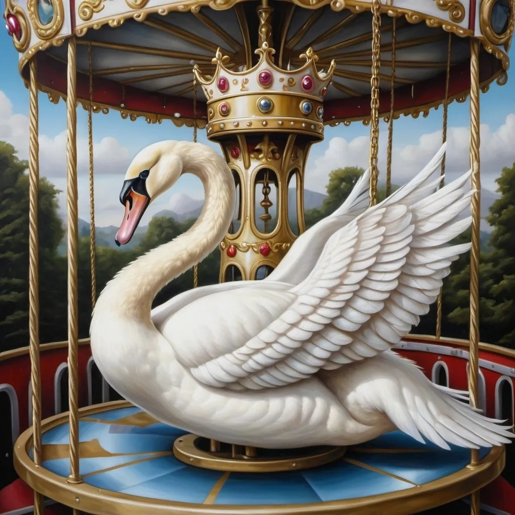 Prompt: a white swan on a carousel with a crown on its head and a gold chain around its neck and neck, Anne Stokes, pop surrealism, highly detailed oil painting, an ultrafine detailed painting