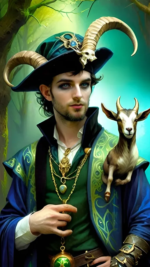 Prompt: (photorealistic painting), a man with a goat's head and horns, adorned in a (luxurious blue and gold costume), dramatic posture, mystical aura, skillfully detailed facial expression, (epic fantasy character art), vibrant color contrasts, ethereal lighting, intense atmosphere, richly textured background depicting a fantastical landscape, (highly detailed) and (stunningly vivid).