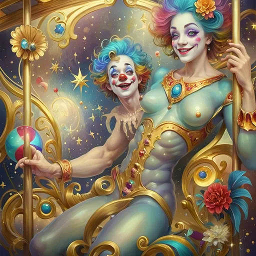 Prompt: Masterpiece painting of a magical clown genie, (surprised expression), riding a whimsical carousel adorned with vibrant colors and intricate details, soft shimmering lights illuminating the scene, (homage to Nuit), dreamy atmosphere, playful and enchanting mood, ultra-detailed, rich textures, surreal elements, background filled with shimmering stars and soft clouds, emphasizing wonder and imagination.