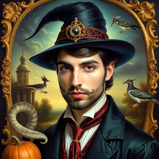 Prompt: (honoring Nuit), captivating handsome man magician with an elegant beard, wearing a pointed witch hat, (renaissance baroque painting style), facial features highlighted in detail, dark mystical background that enhances the allure, rich deep colors creating dramatic contrast, elements of Halloween celebration subtly interwoven, inviting an atmosphere of enchantment and mystery, ultra-detailed, a captivating masterpiece.