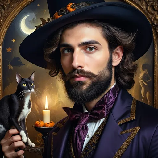 Prompt: (honoring Nuit), moon and stars) captivating handsome man magician, pointed witch hat, facial features highlighted, elegant beard, (renaissance baroque painting style), dark mystical background, rich deep colors with dramatic contrast, elements of Halloween celebration in still life arrangement, enigmatic ambiance, intricate shadows and light, (highly detailed), evoking intrigue and enchantment.