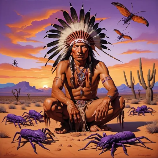 Prompt: (painting of a native american man), surrounded by scorpions, set against a vivid desert landscape, (sunset colors of orange and purple), influenced by Edward Otho Cresap Ord, II, stylistic elements of western comic book art, masterful use of texture, capturing serene yet striking atmosphere, ancient wisdom and raw nature, ultra-detailed, fine art painting.