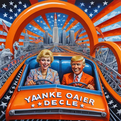 Prompt: (accurately spelled text "Yankee Doodler"), (psychedelic style), (vibrant color scheme), detailed painting, a Russian holding a Florida Orange symbolizing Republican endorsement of Russian authority and control over the U.S., in a thrilling roller coaster car, American flag dramatically waving, intricate Washington D.C. skyline in the background, surreal elements, dynamic perspective, bursting colors, high depth cinematic masterpiece.