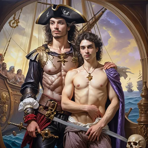 Prompt: A 7 Wonders Art Glass Studio Renaissance oil painted masterpiece (Honoring Nuit) of a pirate man and lover dressed in pirate costume of the period if Conquistadors standing next to each other in front of a ship with a skull, David Macaulay, fantasy art, highly detailed oil painting, an oil painting