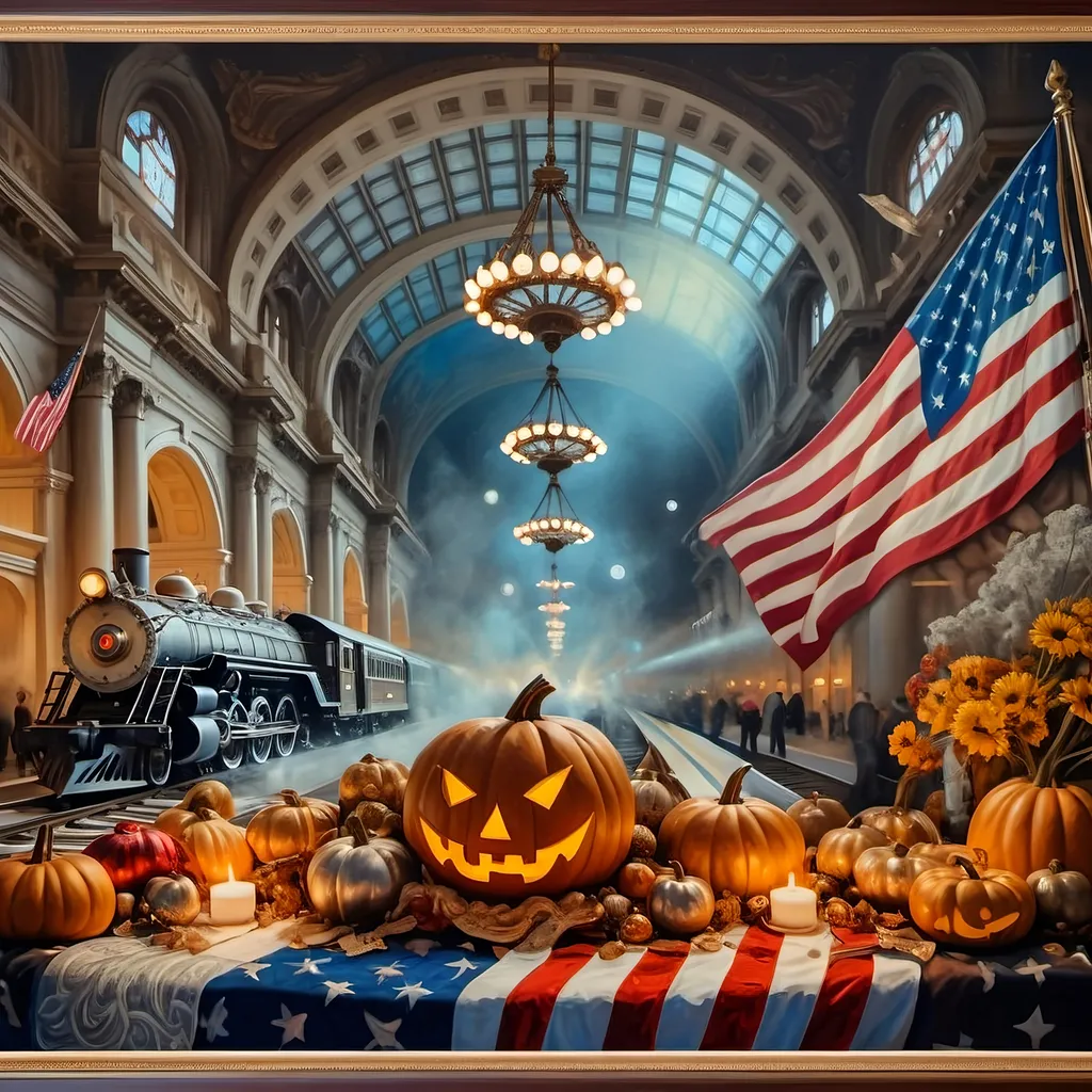 Prompt: (painting of (Honoring Nuit) with Union Station, Washington D.C.), (psychedelic style), (dark color scheme), (patriotic ambiance), Fall Equinox theme, pumpkins scattered artistically, train on tracks, large flag fluttering, ultra-detailed still life, reminiscent of museum quality, Renaissance and Baroque influences, rich textures, layered brushwork, evocative lighting, captivating composition, 4K quality.