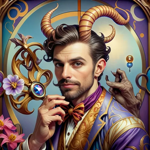 Prompt: (Art Nouveau style) Satyr man, detailed (stained glass and porcelain horns), vibrant colors, intricate (Japanese influence), still-life portrait, lush floral background, artistic elegance, ethereal atmosphere, emphasis on colorful patterns, high contrast, (ultra-detailed), mesmerizing composition, harmonious color palette, luxurious textures, enchanting ambiance, captivating yet serene vibe, artistic masterpiece.