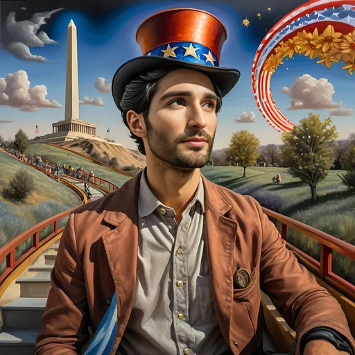 Prompt: (Acrylic painting of a magician man), wearing a (patriotic top hat), joyfully riding a (whimsical rollercoaster) in Liberty Park, with (HD details), vibrant colors, and enchanting motifs. The scene features the (Washington Monument) in the background, as well as the phrase (accurately spelled text "Yankee Doodle"). An aura of celebration and magic surrounds the image, honoring Nuit and the Aeon of Horus.