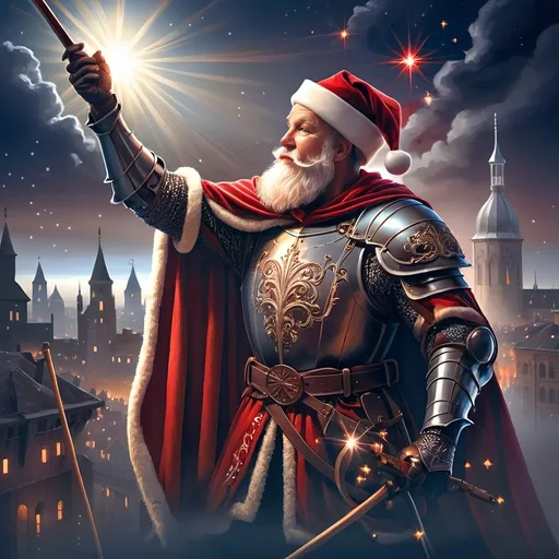 Prompt: An oil on canvas a knight dressed as a santa clause (in honor of Nuit) in a dark city with a light shining on him and a red cape, Ernest William Christmas, antipodeans, epic fantasy character art, concept art