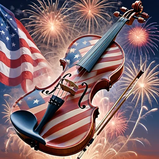 Prompt: (accurately spelled text "the violin is a symbol of the united states of the united states, Americo Makk, american romanticism"), (violin), renaissance style, (highly detailed digital art), fireworks background, pastel color scheme, vibrant hues, dynamic composition, patriotic theme, emotional ambiance, subtle elegance, masterful rendering, ultra-detailed, cinematic depth, art piece rich in symbolism.