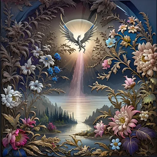 Prompt: (still life dragon), (baroque style), magnificent wings soaring above a shimmering river, vibrant dark color scheme, enchanting forest surrounding, a majestic waterfall cascading in the background, towering mountain silhouette, intricate stained glass reflections, delicate porcelain textures, (ultra-detailed) artwork, mysterious and mesmerizing ambiance, ethereal light play, deep shadows enhancing dramatic effect, rich textures and depth in composition.