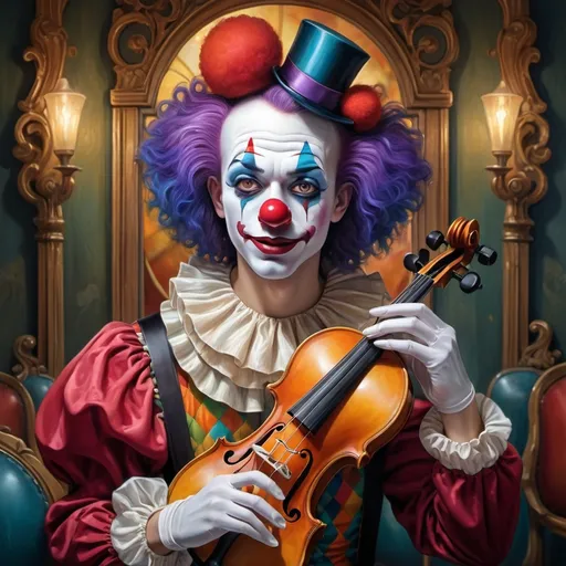 Prompt: (art nouveau style), (vibrant color scheme), clown with a violin in hand, clown face makeup, in front of a mirror, inspired by Anne Stokes, (pop surrealism), highly detailed, (oil painting), fine art painting, intricate patterns, whimsical atmosphere, dramatic lighting, rich textures, ornate background elements, captivating expression, enchanting portrayal, 4K, ultra-detailed.