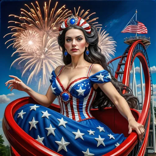 Prompt: a 7 Wonders Art Glass Studio of a woman in patriotic dress riding the rollercoaster Liberty Park, located in Washington D.C, Northern Virginia, and Maryland local attractions, with U.S.Flag themes and float in the background and fireworks in the sky, 4th of July in Liberty Park.  honoring the goddess Nuit.