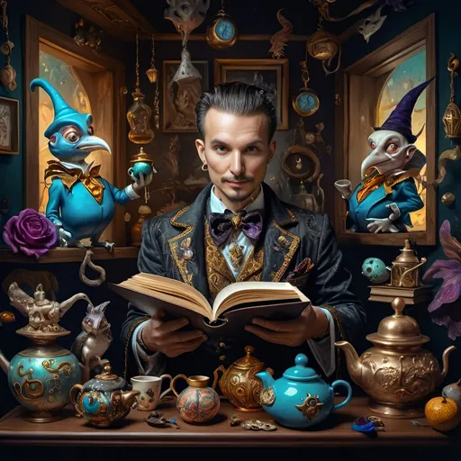 Prompt: (vibrant psychedelic still life), portrait of a magician jack-in-the-box man, surrounded by whimsical teapots and enchanting magical items, coming to life, playful ambiance, lively colors, an open book in front of him, surrealistic elements, dreamlike atmosphere, richly detailed background, (spectacular color gradients), ultra-detailed, eye-catching composition, high-quality artwork.