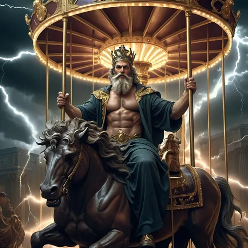 Prompt: (Art Deco style), richly (dark color scheme), depicting Zeus, a bearded man, wearing a crown, holding a pole on a carousel, dramatic (lightning in the background), (fantasy art), (highly detailed digital painting), a masterpiece by Bastien L. Deharme, atmospheric, immersive, captivating details, exquisite textures, ultra-detailed portrait, cinematic depth, electrifying ambiance.