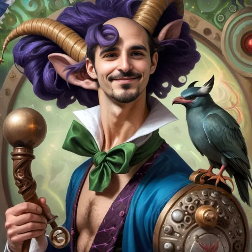 Prompt: A (captivating) oil painting depicting a (mysterious magician) with a (horned head), a (bird perched gracefully on his shoulder), holding a (beautifully crafted cane) and an (orb in his hand), beautifully capturing themes of (fantasy) and (transformation). Character portrait-style, influenced by (Clint Cearley's) signature artistry, with ethereal hues and (vivid detailing) honoring the legendary figures of (Pan and Nuit), set against a dreamy, (surreal background) that evokes wonder.