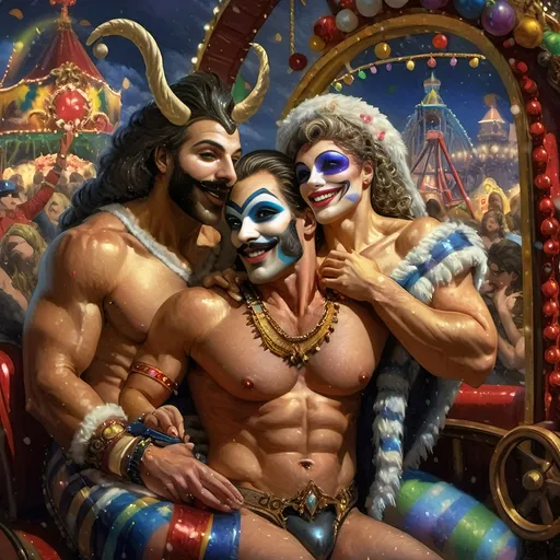 Prompt: (Honoring Nuit), vibrant oil painting of a lively group of drag queens riding a roller coaster, ecstatic expressions, in a whimsical carnival setting, colorful ferris wheel glowing in the background, (rainbow) painted on the coaster's side, bright blue sky filled with fluffy clouds, joyous atmosphere, high energy, ultra-detailed, cinematic masterpiece.