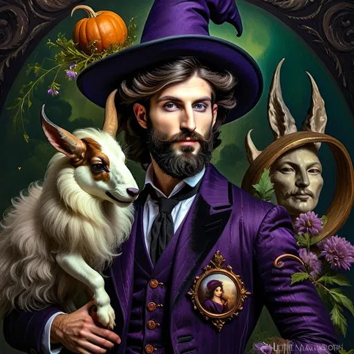 Prompt: (honoring Nuit), captivating handsome man magician with an elegant beard, wearing a pointed witch hat, (renaissance baroque painting style), facial features highlighted in detail, dark mystical background that enhances the allure, rich deep colors creating dramatic contrast, elements of Halloween celebration subtly interwoven, inviting an atmosphere of enchantment and mystery, ultra-detailed, a captivating masterpiece.