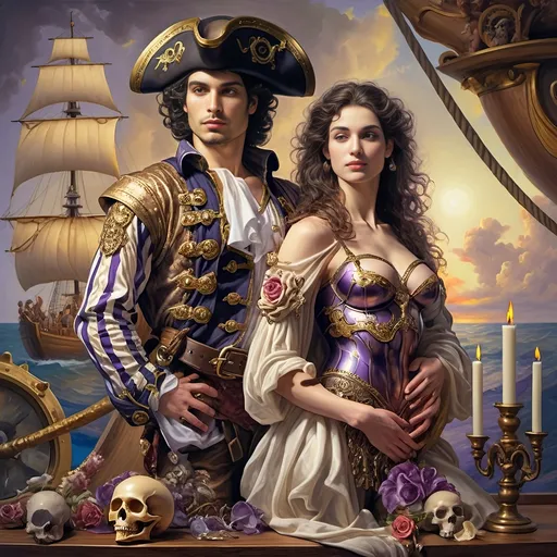 Prompt: (A 7 Wonders Art Glass Studio Renaissance oil painted masterpiece), (Honoring Nuit), pirate man and lover, adorned in detailed pirate costumes reminiscent of Conquistadors, standing confidently together, in front of an intricately designed ship with a skull motif, lush fantasy settings, remarkable (highly detailed), rich color palette, masterful (oil painting), capturing a sense of adventure and romance.