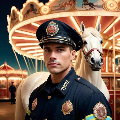 Prompt: (artstyle-art deco style) portrait of a firefighter, (pastel color scheme), standing in front of a beautifully illuminated carousel at night, featuring a majestic horse, embodying courage and readiness, inspired by David LaChapelle, (photorealistic painting), vibrant lighting, a blend of softness and detail, commemorative atmosphere, emphasizing heroism, professional quality, exquisite detailing,¾  intricately designed background and setup.