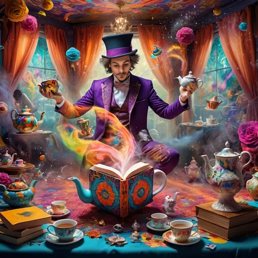 Prompt: (psychedelic still life portrait), vibrant colors, (magician jack-in-the-box man), whimsical tea party ambience, enchanting teapots, magical items animated around him, open book in front, dreamy and surreal atmosphere, intricate details, flowing patterns, mesmerizing depth, an explosion of colors, high-definition masterpiece, captivating and playful vibe.