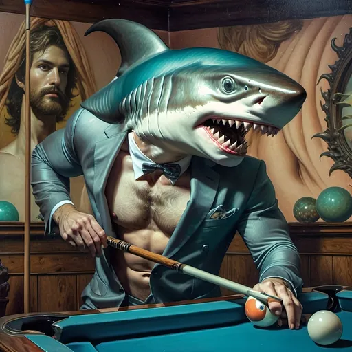 Prompt: (shark in a suit playing pool), (pool cue and ball in front), F. Scott Hess style, pop surrealism, classical painting, (younger and bolder color tones), (highly detailed), dreamy ambiance, intricate textures and reflections, juxtaposition of elegance and playfulness, fine art masterpiece, inspired by 7 Wonders Art Glass Studio, honoring Nuit, ultra-detailed, 4K.