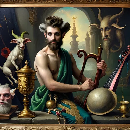 Prompt: (oil painting) Honoring Nuit, a man with a (wisdom-filled beard) holding a harp and a (rich) cup of wine, next to a (gilded golden cup), Ditlev Blunck's artisanal touch, (neoclassical elegance) with (Flemish Baroque influences). The atmosphere reflects reverence and beauty, drenched in (warm, golden tones), evoking the essence of a (divine encounter) that captures a mortal honoring the God Pan. Ultra-detailed, quintessential classical painting.