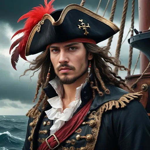 Prompt: (baroque style), (dark color scheme), man in pirate costume, red feathered hat, standing in front of ship, detailed facial features and expressions, high depth textures, intricate patterns, (professional digital painting), fantasy art aesthetics, dramatic lighting, character portrait style, atmospheric backdrop with stormy seas, (ultra-detailed), exquisite clothing details, moody and bold ambiance.