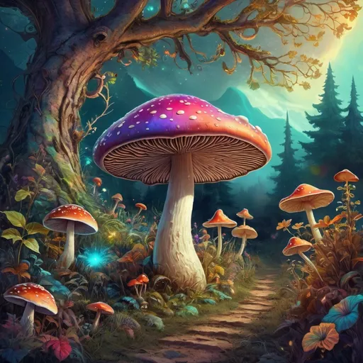 Prompt: (mushroom surrounded by an enchanting landscape), vibrant (psychedelic colors), whimsical elements in the sky and on the ground, fantasy art style, intricate details, (highly imaginative), digital art masterpiece, harmonious blend of flora and fantastical creatures, (luminous background), surreal atmosphere, evocative emotions, ultra-detailed clarity, magical wonderment.