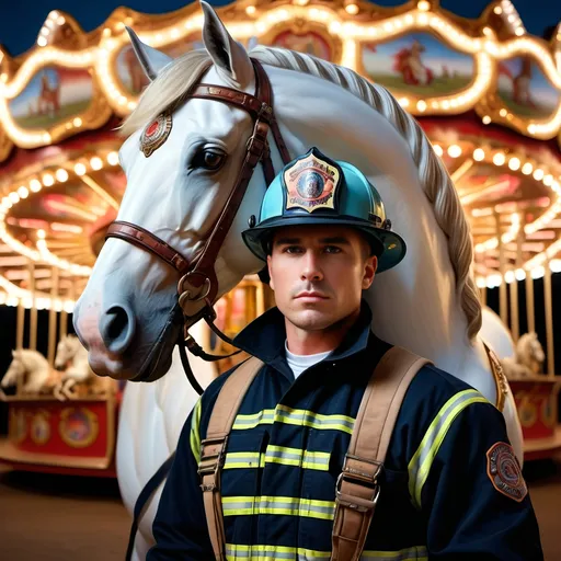 Prompt: (Boroque style) portrait of a firefighter, (pastel color scheme), standing in front of a beautifully illuminated carousel at night, featuring a majestic horse, embodying courage and readiness, inspired by David LaChapelle, (photorealistic painting), vibrant lighting, a blend of softness and detail, commemorative atmosphere, emphasizing heroism, professional quality, exquisite detailing,¾  intricately designed background and setup.