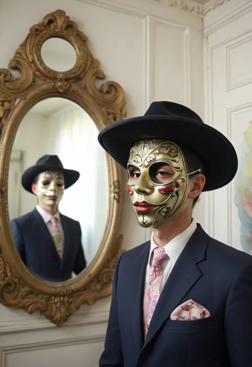 Prompt: a man with a mask on his face and a hat on his head, standing in a room with a mirror, Dave Arredondo, kitsch movement, david lazar, a portrait