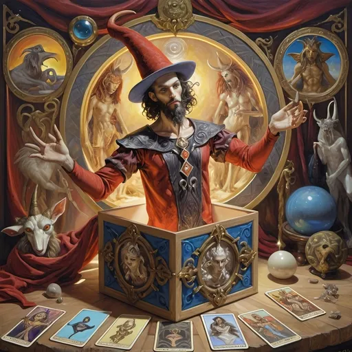 Prompt: (A 7 Wonders Art Glass Studio) stunning painting, (detailed puppet) in a box (Jack-in-the-Box), surrounded by (Thoth Tarot cards), (honoring Nuit), an ornate mirror with a (mysterious face) reflected on its surface, (esoteric magic symbols and shapes) swirling in the background, rich colors blending harmoniously, a whimsical and magical ambiance, (ultra-detailed) with an emphasis on the intriguing interplay of light and shadow.