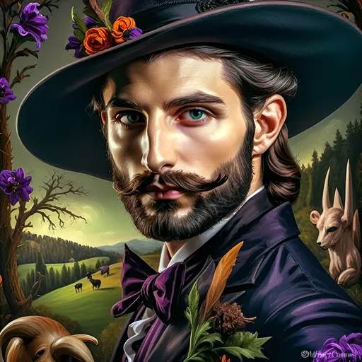 Prompt: (honoring Nuit), captivating handsome man magician with an elegant beard, wearing a pointed witch hat, (renaissance baroque painting style), facial features highlighted in detail, dark mystical background that enhances the allure, rich deep colors creating dramatic contrast, elements of Halloween celebration subtly interwoven, inviting an atmosphere of enchantment and mystery, ultra-detailed, a captivating masterpiece.