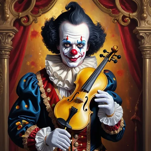 Prompt: a painting of a dark headed male clown with a gold violin and a ball in front of him, with a red clown's face painted on it, magical ambiance, friendly, highly detailed digital painting, an ultrafine detailed painting.  Add Renaissance background.  Adorn with mystic florals.  Add sun influences.  Add influences of the God Nuit in the following manner.  