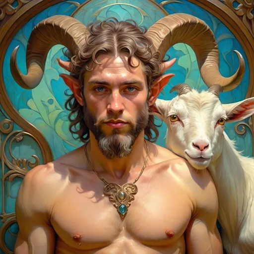 Prompt: (Art Nouveau style), vibrant color scheme, (highly detailed digital painting), a satyr man with horns, a goat on his shoulder, richly textured wall backdrop, (Donato Giancola inspiration), oil painting essence, figurative art, enchanting atmosphere, intricate designs, lush decorative elements, harmonious composition, ethereal quality, (4K resolution), captivating colors that evoke emotion, dreamlike ambiance.