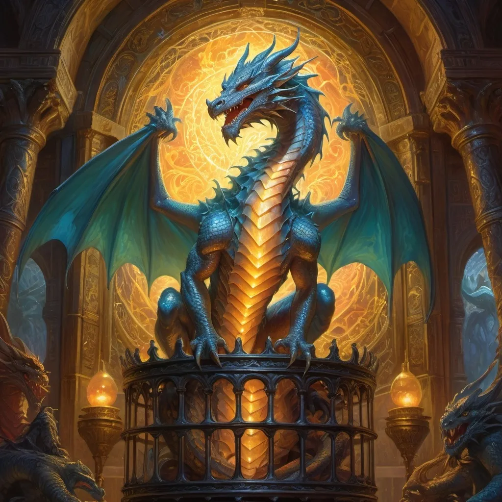 Prompt: (central content: dragon in a glowing cage), (radiant light emanating from within), (immersive fantasy atmosphere), (highly detailed painting), (vivid colors), (masterful brushwork), (dramatic contrasts), (inspired by Donato Giancola), ultra-detailed, captivating mythical scene, intricate scales, ethereal glow, (fantasy art)