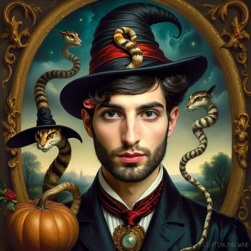 Prompt: (honoring Nuit), captivating handsome man magician with an elegant beard, wearing a pointed witch hat, (renaissance baroque painting style), facial features highlighted in detail, dark mystical background that enhances the allure, rich deep colors creating dramatic contrast, elements of Halloween celebration subtly interwoven, inviting an atmosphere of enchantment and mystery, ultra-detailed, a captivating masterpiece.