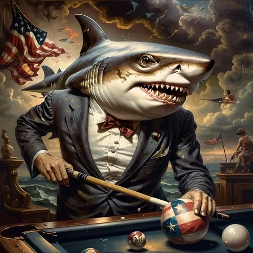 Prompt: (shark in a suit playing pool), (pool cue and ball in front), F. Scott Hess style, pop surrealism, classical painting, (younger and bolder color tones), (highly detailed), dreamy ambiance, intricate textures and reflections, juxtaposition of elegance and playfulness, fine art masterpiece, inspired by 7 Wonders Art Glass Studio, honoring Nuit, ultra-detailed, 4K.