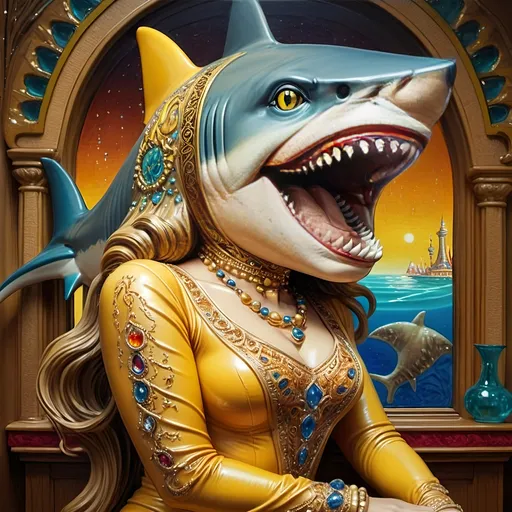 Prompt: a 7 Wonders Art Glass Studio oil painted masterpiece of a shark in a yellow suit with a shark head on his head and a casino in background fantastic realism, loftis, a fine art painting.  Honors the Goddess Nuit.