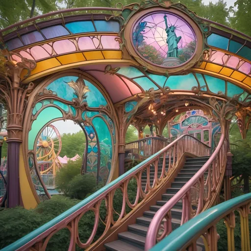 Prompt: (Art Nouveau style), (pastel color scheme), magical mysterious enchanting amusement park titled “Liberty Park” in D.C., whimsical atmosphere, intricate fine details, vibrant rides themed around Americana, stunning stained glass roller coaster, enchanting magician as rider, ethereal lighting, lush greenery, beautifully crafted structures, dreamy and inviting ambiance, 4K, ultra-detailed.