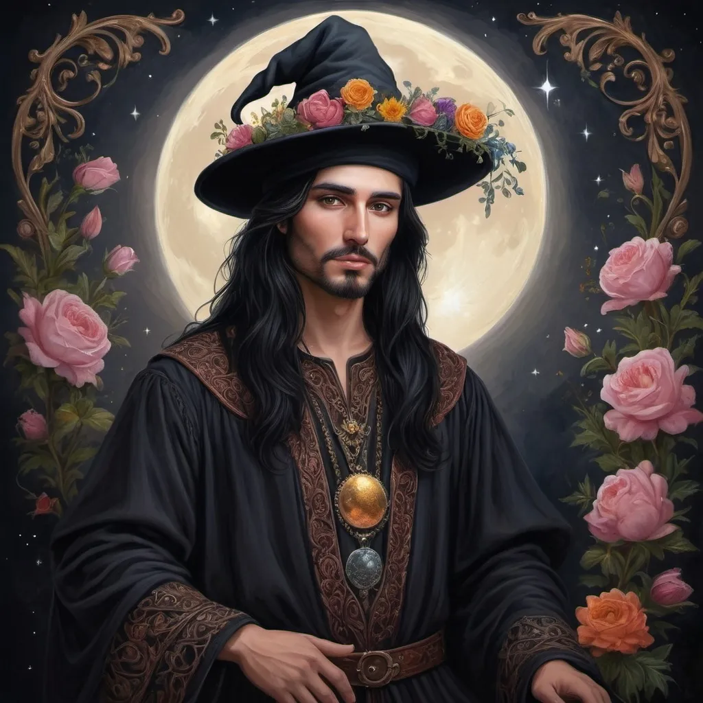 Prompt:  a painting of a dark headed saytr with a magical hat painted on it, magical ambiance, friendly, highly detailed digital painting, an ultrafine detailed painting.  Add Renaissance background.  Adorn with mystic florals.  Add moon influences