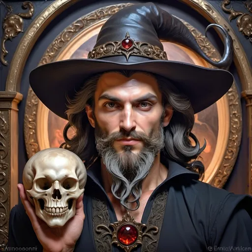 Prompt: (honoring Nuit), moon and stars) captivating handsome man magician, pointed witch hat, facial features highlighted, elegant beard, (renaissance baroque painting style), dark mystical background, rich deep colors with dramatic contrast, elements of Halloween celebration in still life arrangement, enigmatic ambiance, intricate shadows and light, (highly detailed), evoking intrigue and enchantment.