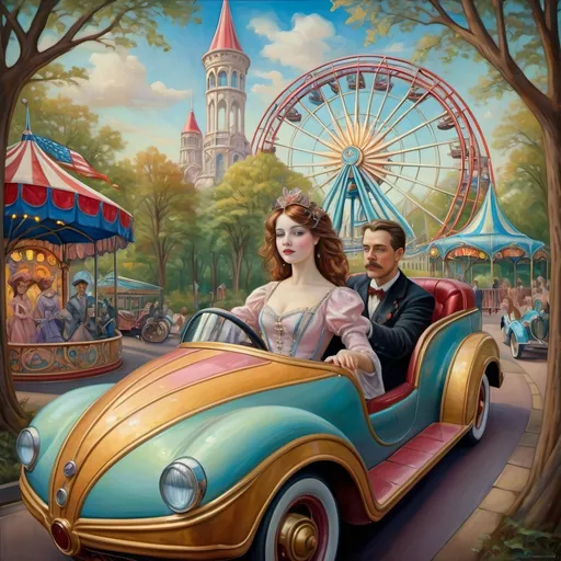 Prompt: (Renaissance oil on canvas), (Art Nouveau style), (pastel color scheme), enchanting amusement park titled “Liberty Park” in D.C., magical and whimsical atmosphere, intricate fine details, vibrant rides themed around Americana and patriotism, spectacular stained glass roller coaster, woman magician in a striking mask, elegantly poised in the first car, dreamy surroundings, enchanting woods in the background, (ultra-detailed, HD).