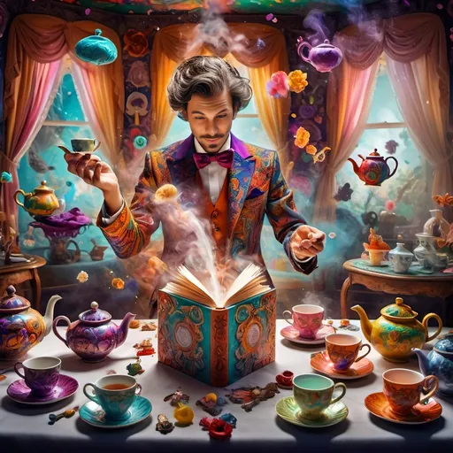 Prompt: (psychedelic still life portrait), vibrant colors, (magician jack-in-the-box man), whimsical tea party ambience, enchanting teapots, magical items animated around him, open book in front, dreamy and surreal atmosphere, intricate details, flowing patterns, mesmerizing depth, an explosion of colors, high-definition masterpiece, captivating and playful vibe.