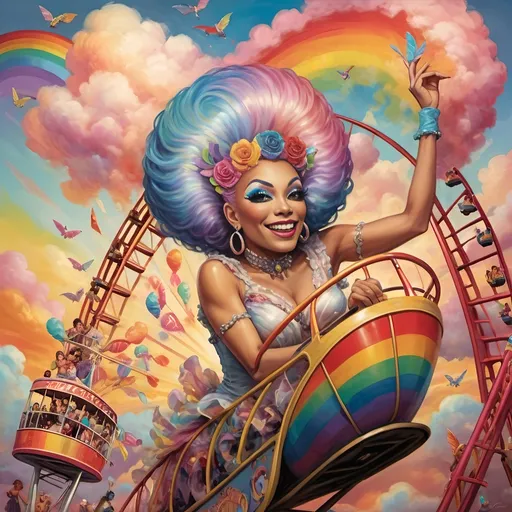 Prompt: (honoring nuit), a mesmerizing painting of colorful drag queens exuding joy and fabulousness while riding a roller coaster, vibrant (rainbow) painted on the side, a whimsical ferris wheel creating a festive atmosphere in the background, whimsical cotton candy clouds, (dynamic movement), warm pastel colors enhancing the lively scene, ultra-detailed, high-quality artwork capturing a celebratory ambiance.