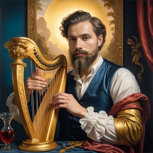 Prompt: (Seven Wonders Art Glass Studio), oil painting, (honoring Nuit), a man with a beard, holding a harp, glass of wine, golden cup beside him, (Ditlev Blunck), neoclassicism, classical painting, Flemish Baroque style, high detail, rich colors, warm glowing light, serene atmosphere, capturing tradition and reverence, elegant background with ethereal elements, ultra-detailed composition, masterful artistry.