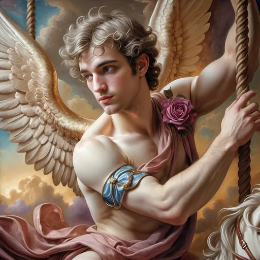 Prompt: (Eros and Carousel of Gods) oil painting, (7 Wonders Art Glass Studio), detailed portrait of God Eros, intricately designed horse on swing, ethereal wings, elegant rose on chest, breathtaking hues of (brilliant gold, azure, purples), inspired by Evelyn De Morgan, neoclassical style, highly detailed digital painting, whimsical atmosphere, captivating elegance, lifelike texture, enchanting background with divine elements, ultra-detailed, cinematic quality.