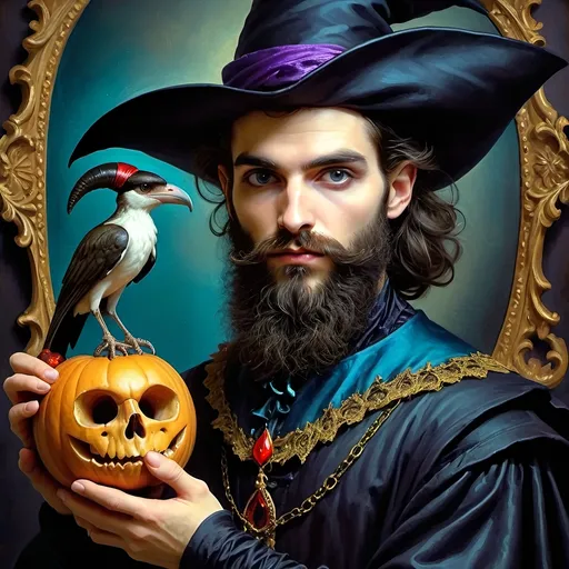 Prompt: (honoring Nuit), captivating handsome man magician, pointed witch hat, facial features highlighted, elegant beard, (renaissance baroque painting style), dark mystical background, rich deep colors with dramatic contrast, elements of Halloween celebration in still life arrangement, enigmatic ambiance, intricate shadows and light, (highly detailed), evoking intrigue and enchantment.