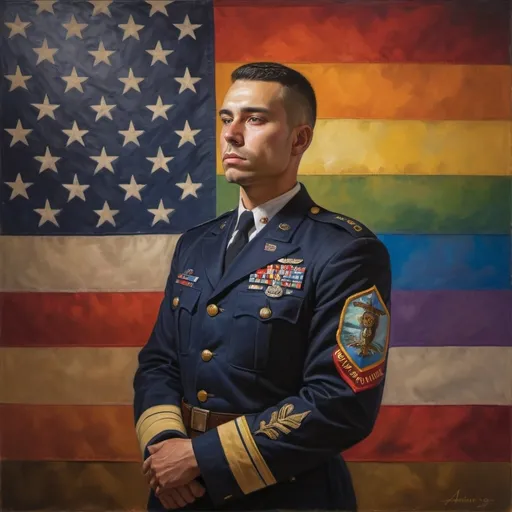 Prompt: (painting of a man in uniform), (full body portrait), Adrian Zingg, (American realism style), (character portrait), vibrant and dynamic colors, dramatic lighting, strong emotional atmosphere, detailed textures of the uniform, background featuring a flag alongside a rainbow flag, emphasizing unity and pride, ultra-detailed, evocative representation of identity and strength.