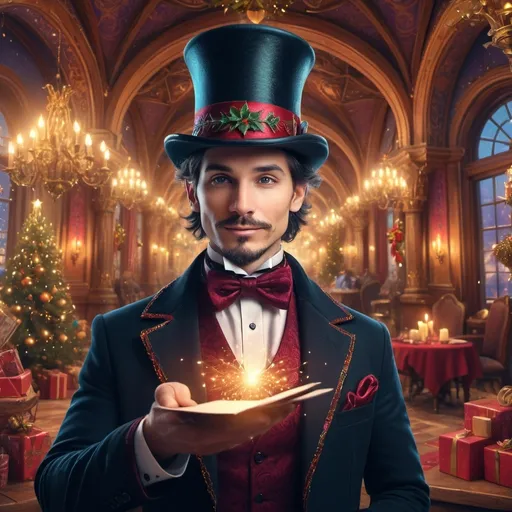 Prompt:  Christmas setting. (magician with top hat), (magical ambiance), intricate details, cheerful expression, (ultra-fine detailed digital painting), vibrant colors, dramatic lighting, Renaissance background with ornate architecture, whimsical elements, captivating aura, enchanting atmosphere, showcasing magical effects and sparkles, (4K), enchanting scene, visually stunning masterpiece.