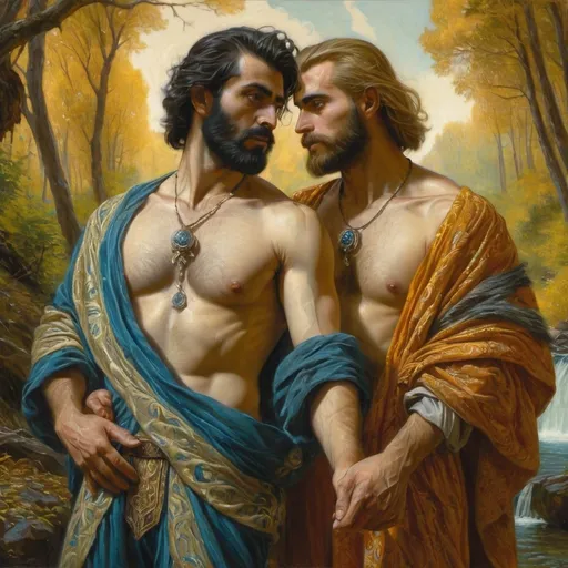 Prompt: a painting of two men in a forest with a waterfall in the background and a man with a beard, Donato Giancola, qajar art, classical painting, a painting